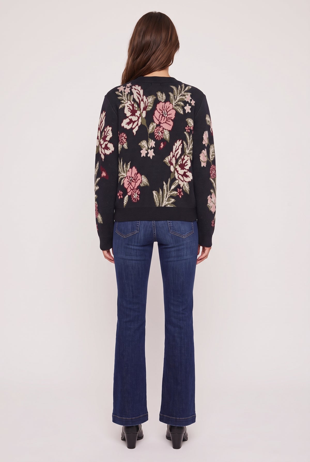 model wearing Sherina Zafra Floral Cardigan posing Back View
