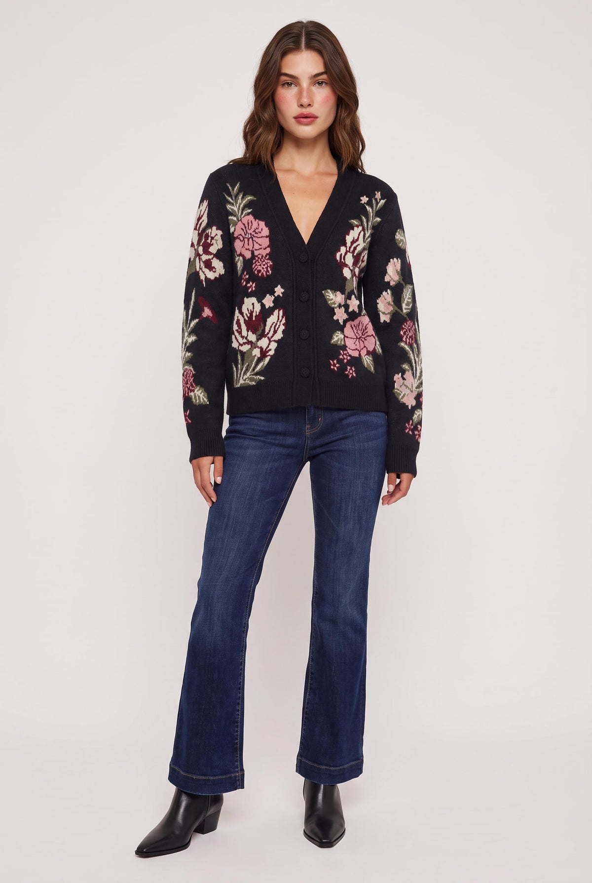 model wearing Sherina Zafra Floral Cardigan posing Front View