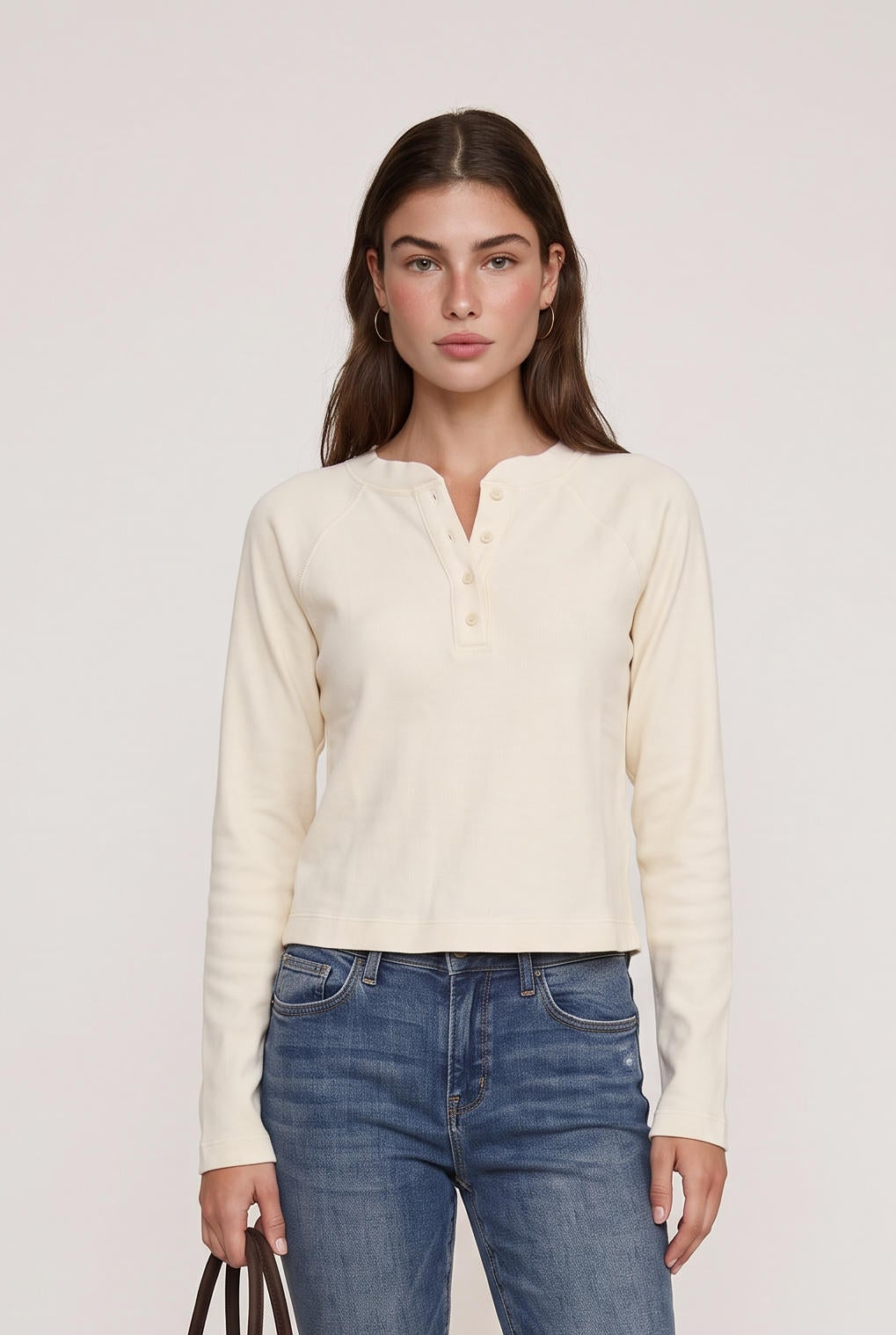 model wearing Boxy Cropped Bttn Henely posing Front View