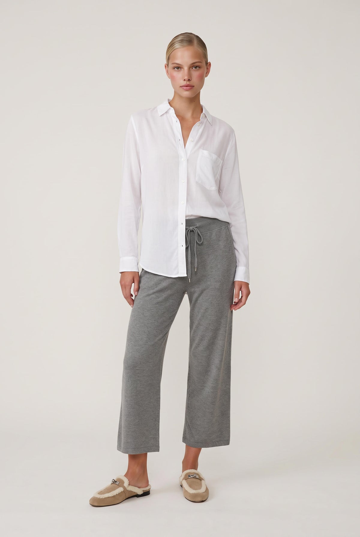 model wearing Classic Button Front posing Front View