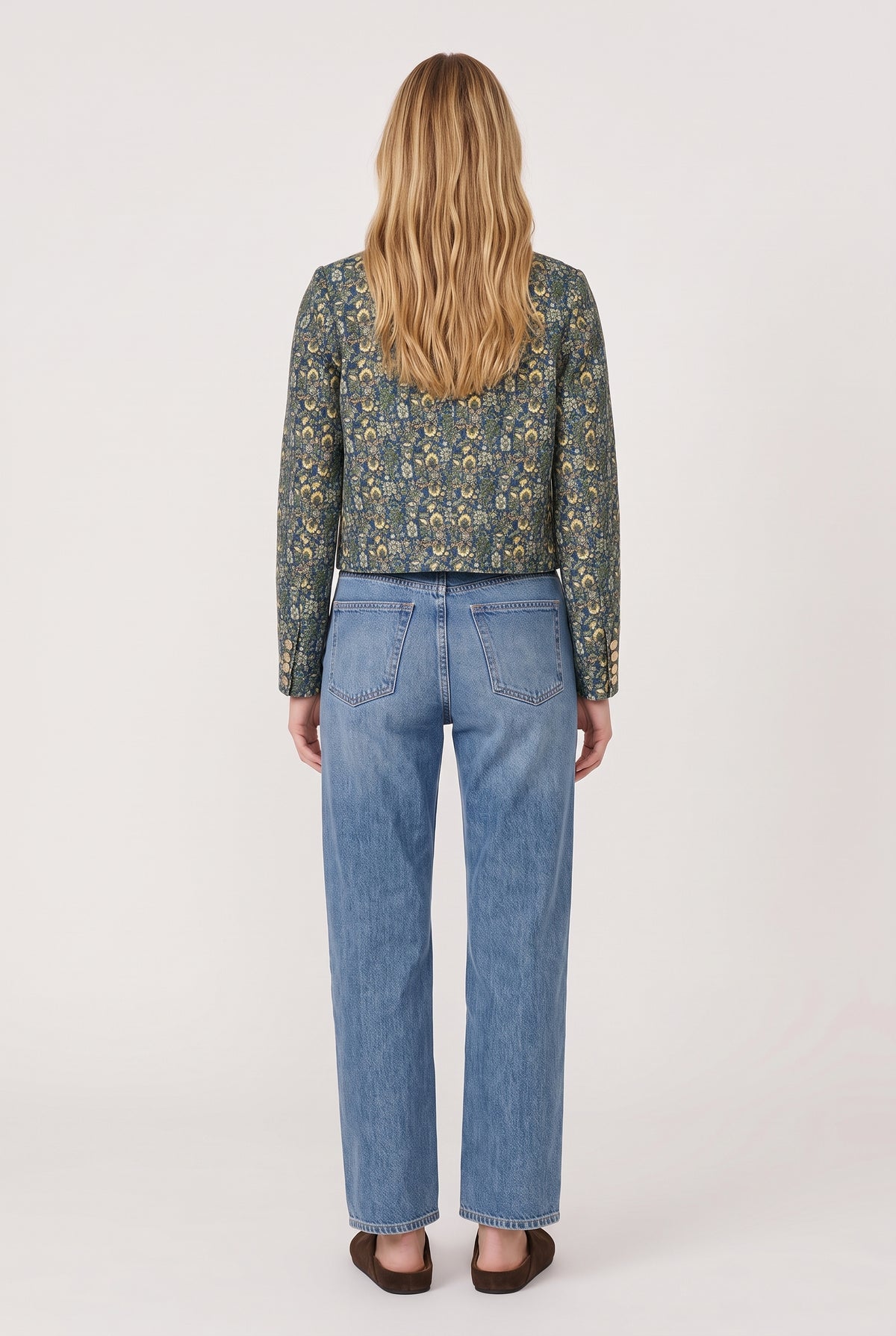 model wearing Hans Floral Jacquard Jacket posing Back View