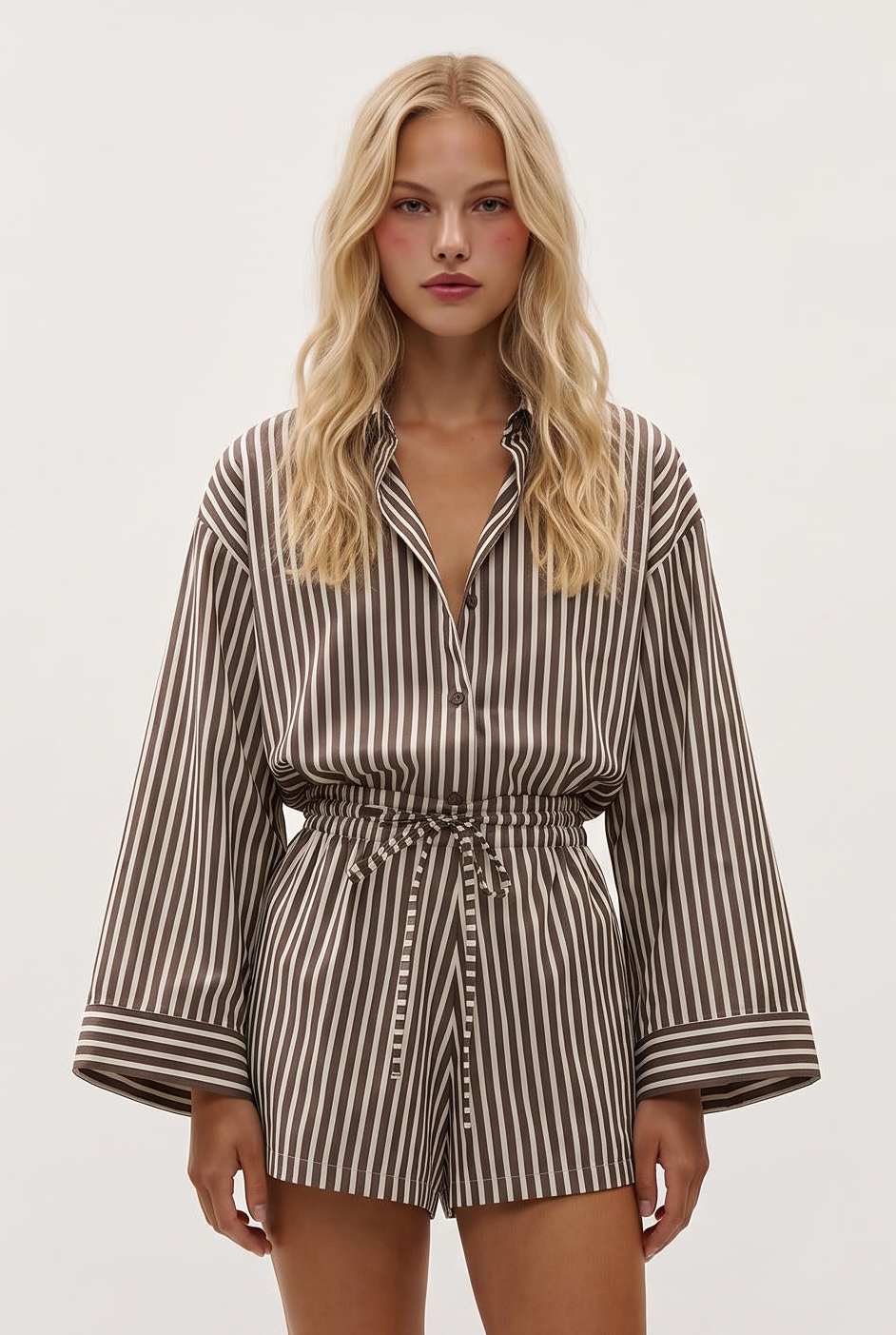 model wearing Belas Port Stripe Playsuit posing Front View