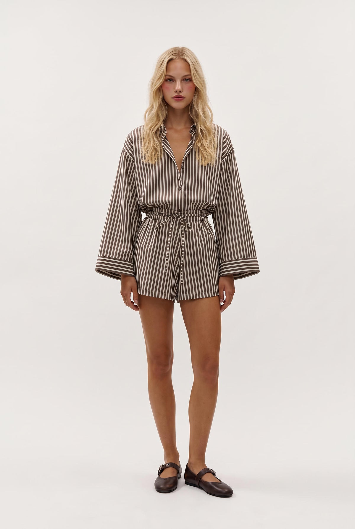 model wearing Belas Port Stripe Playsuit posing Front View