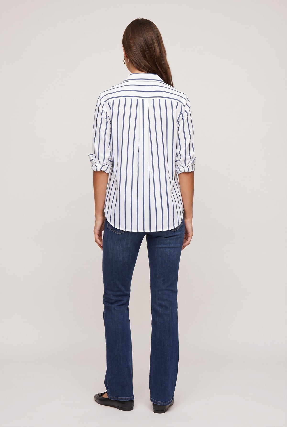 model wearing Mia Stripe Button Down Shirt posing Back View