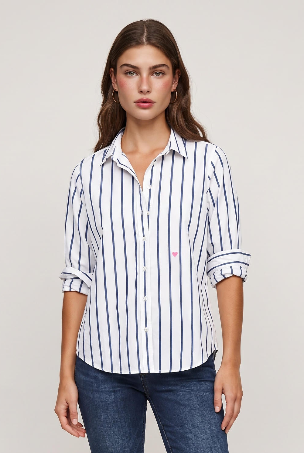 model wearing Mia Stripe Button Down Shirt posing Front View