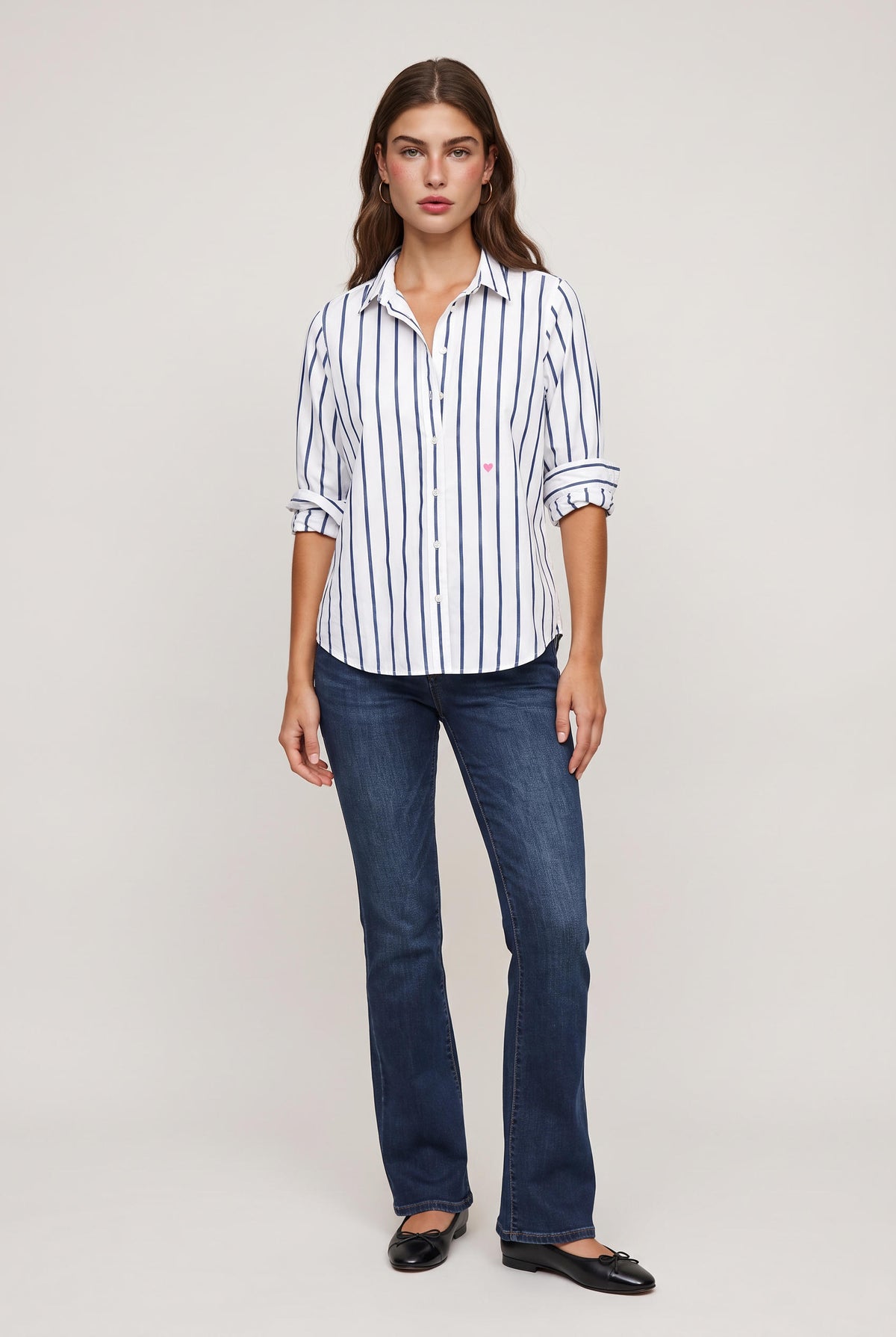model wearing Mia Stripe Button Down Shirt posing Front View