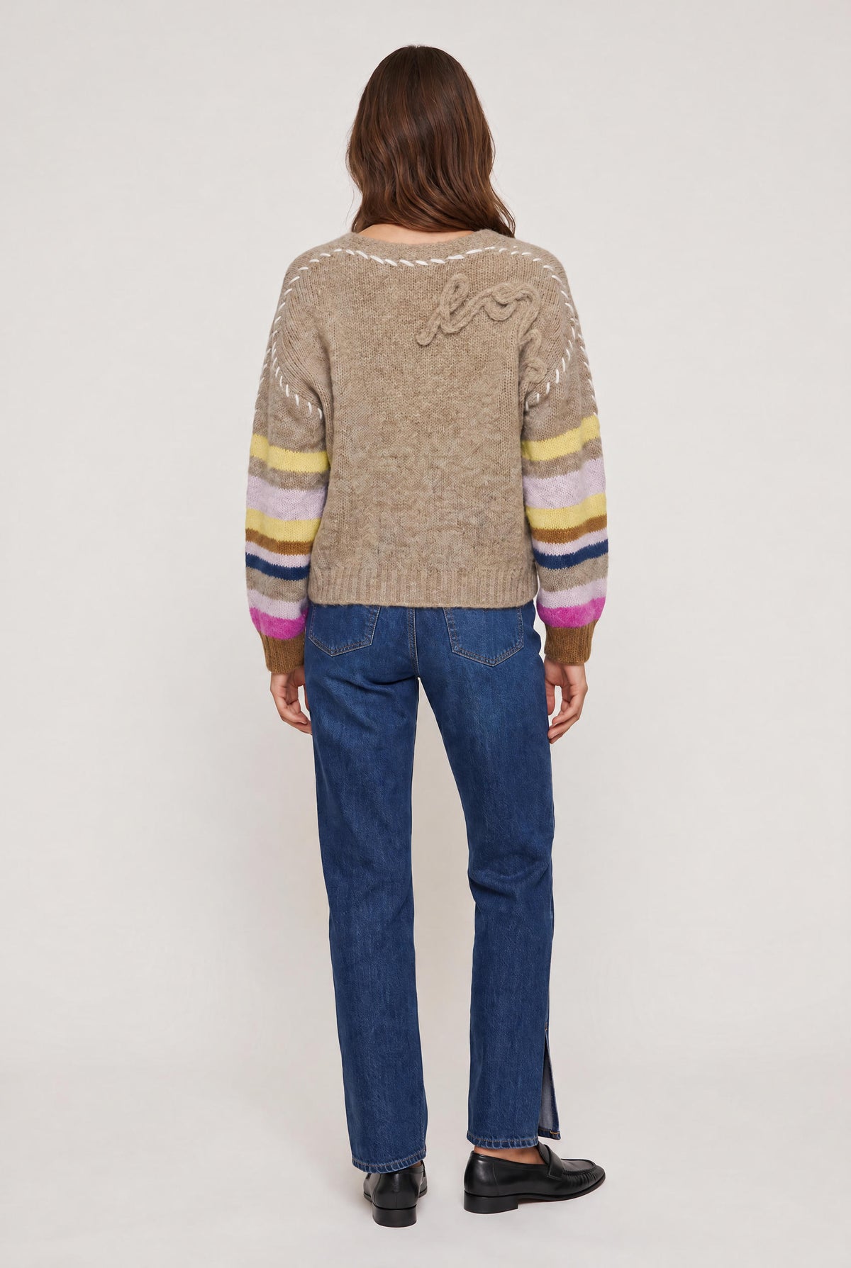 model wearing Sienna Stripe Cardigan posing Front View