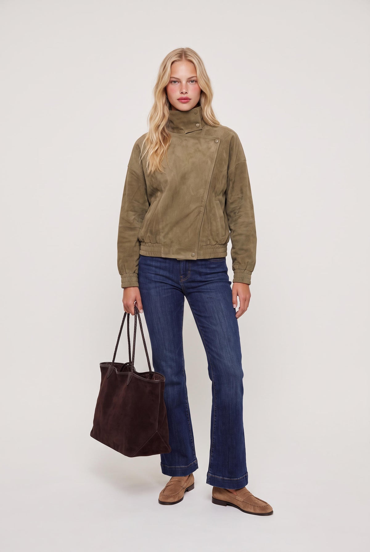 model wearing Reversible Suede Tote posing Front View
