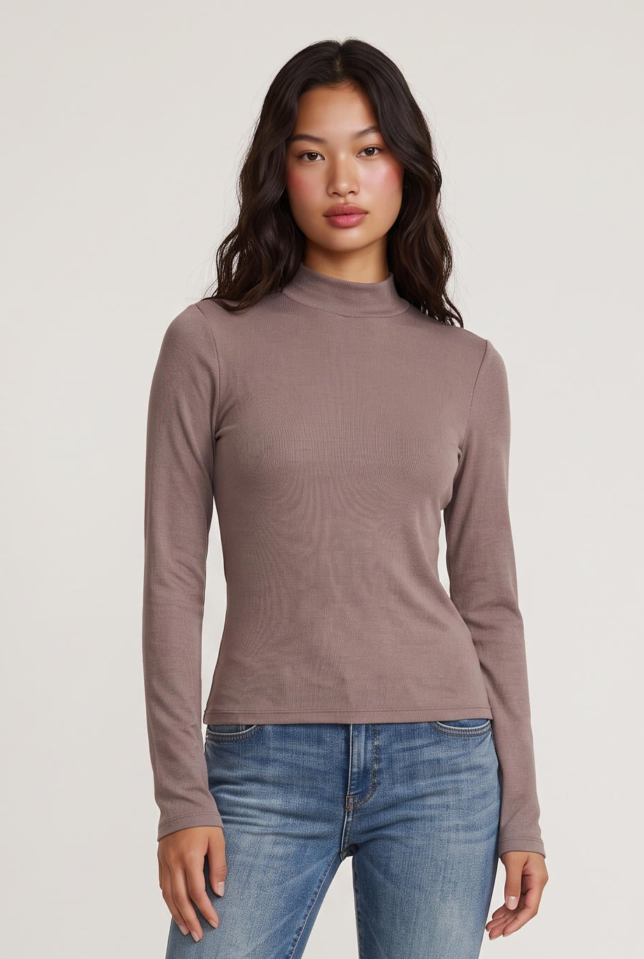 model wearing Mock Neck Long Sleeve Knit Top posing Front View