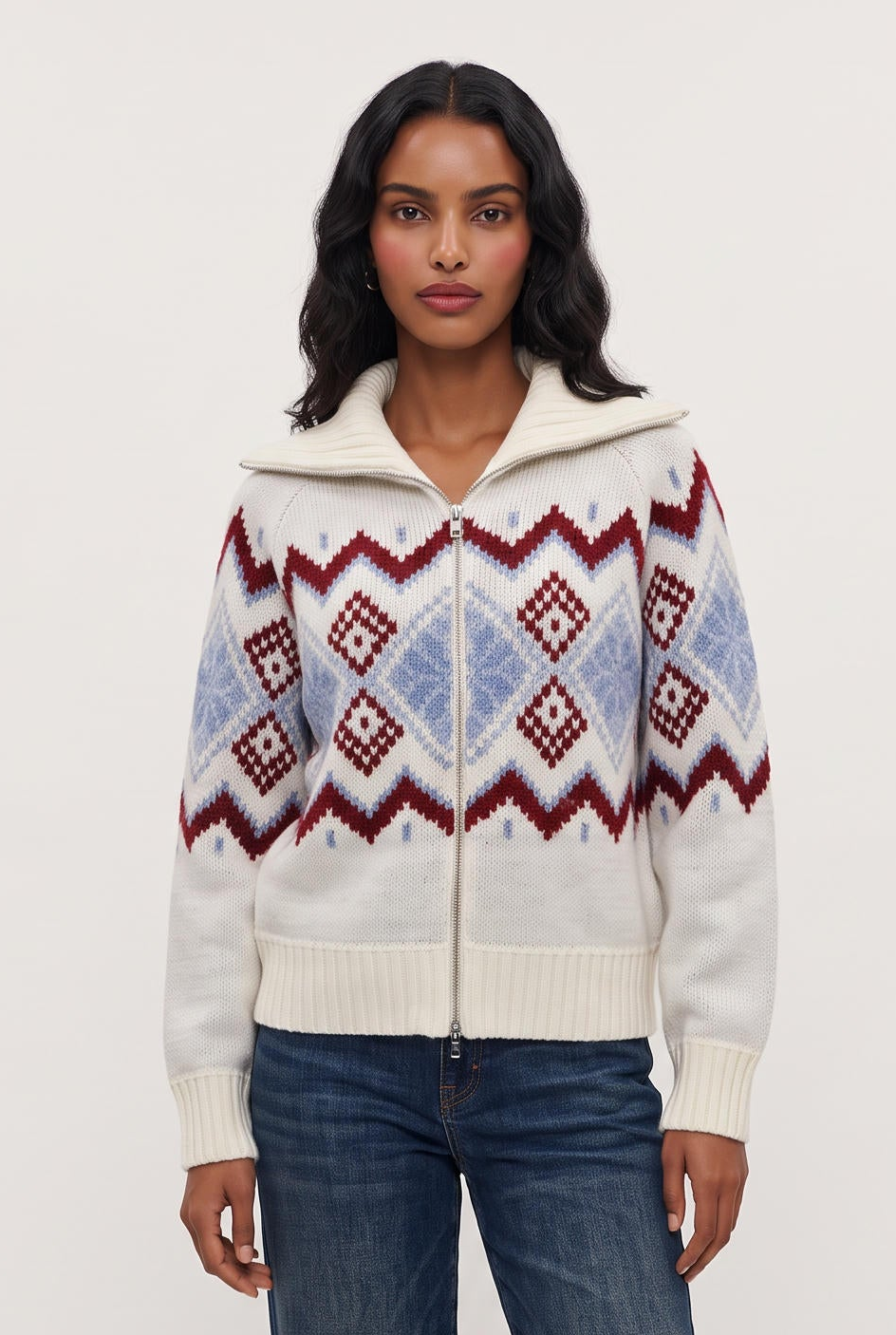 model wearing Percy Fair Isle Jacket posing Front View