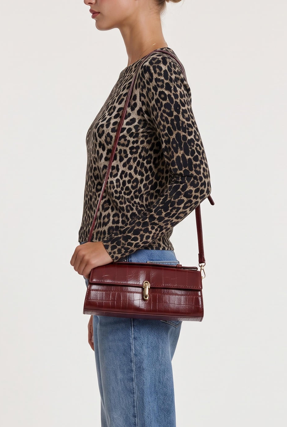 model wearing Top Handle Bag posing Front View
