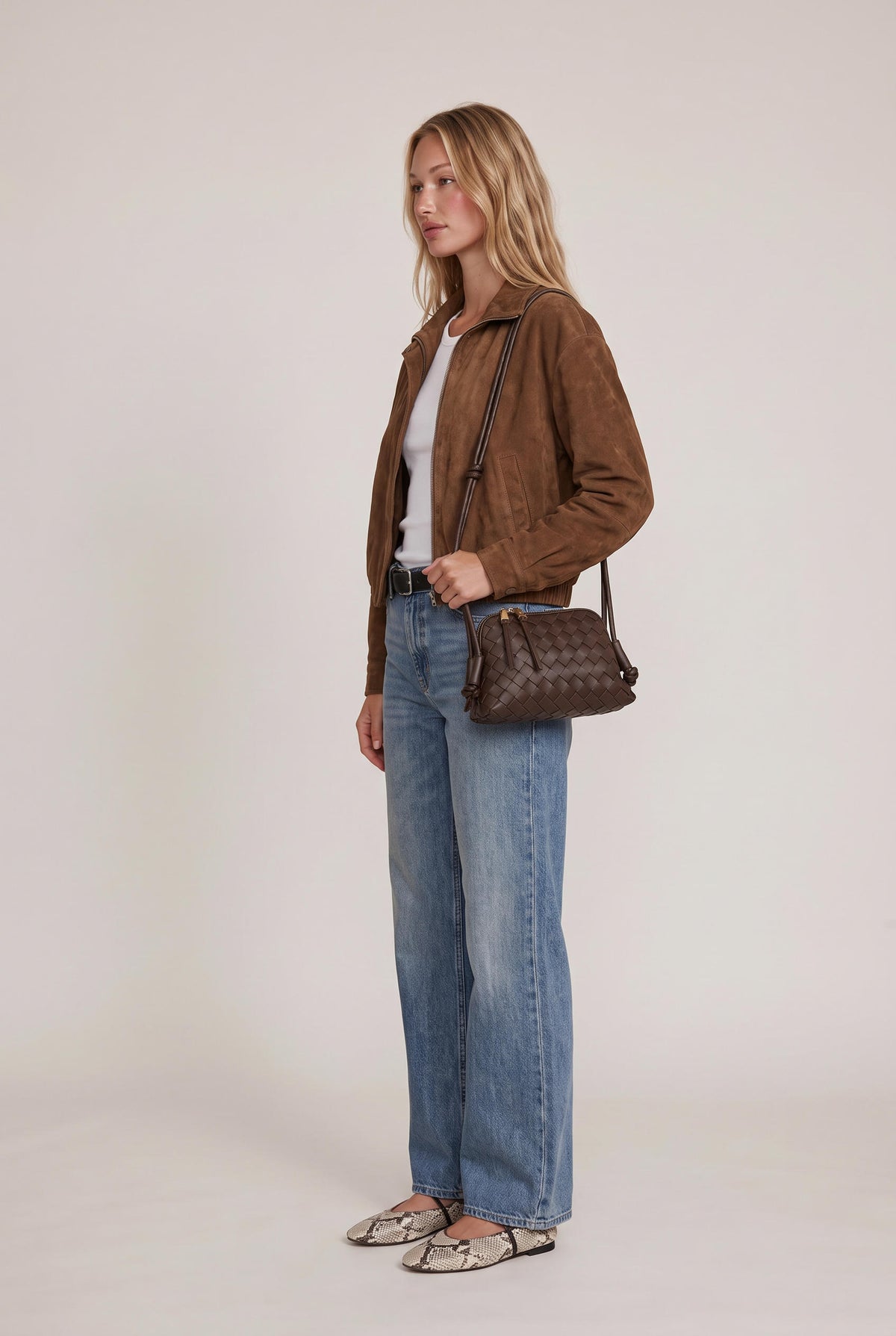 model wearing Woven Crossbody Bag posing Front View