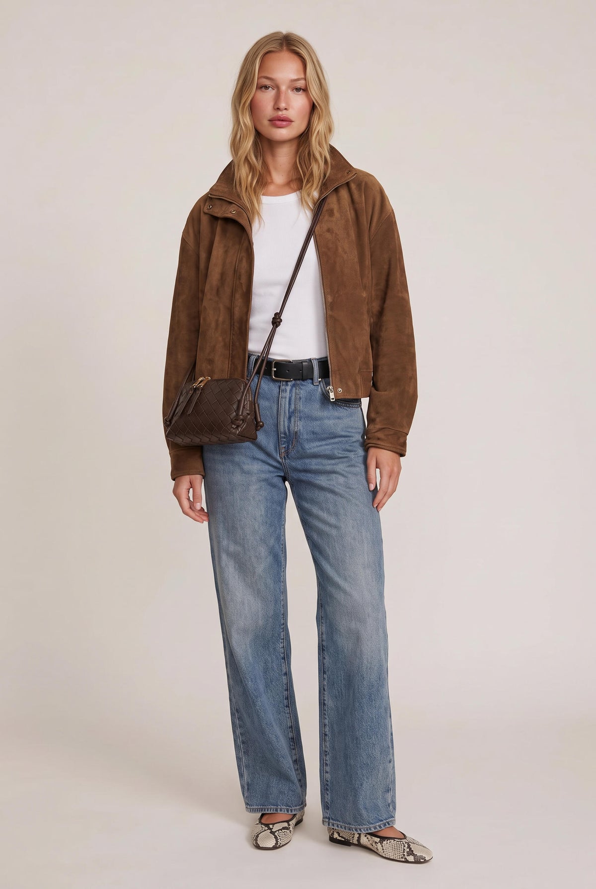 model wearing Woven Crossbody Bag posing Front View