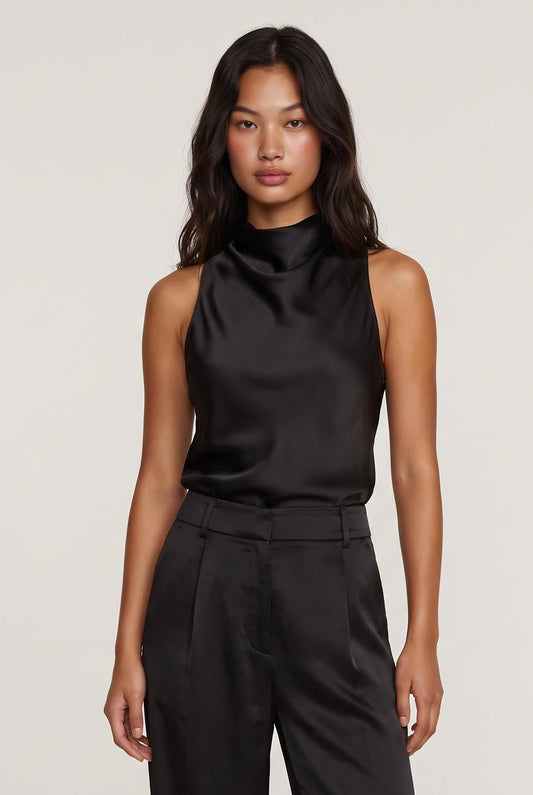 model wearing Aman Satin Tank posing Front View