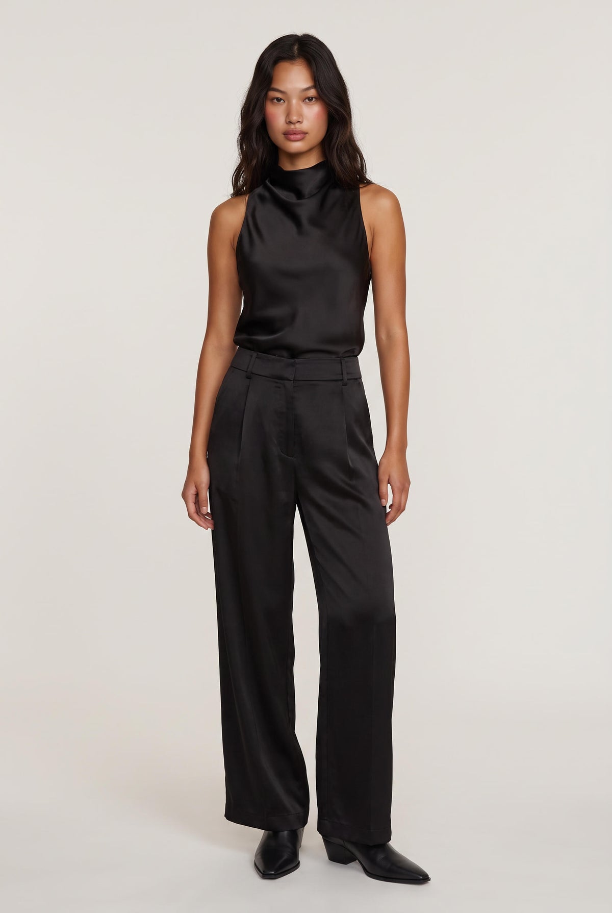 model wearing Aman Satin Trouser posing Front View