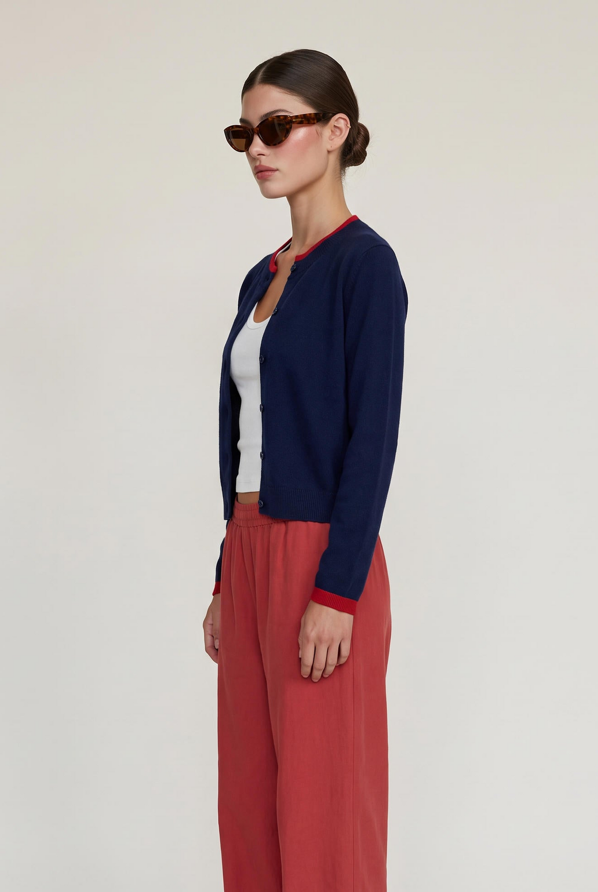 model wearing Double Layer Cashmere Cardigan posing Front View