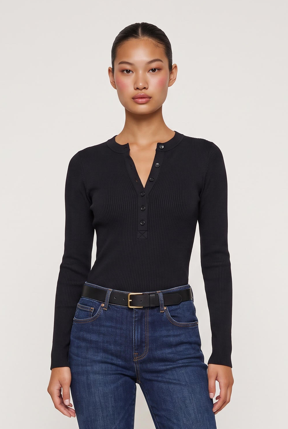 model wearing Rowan Ribbed L/s Henley posing Front View