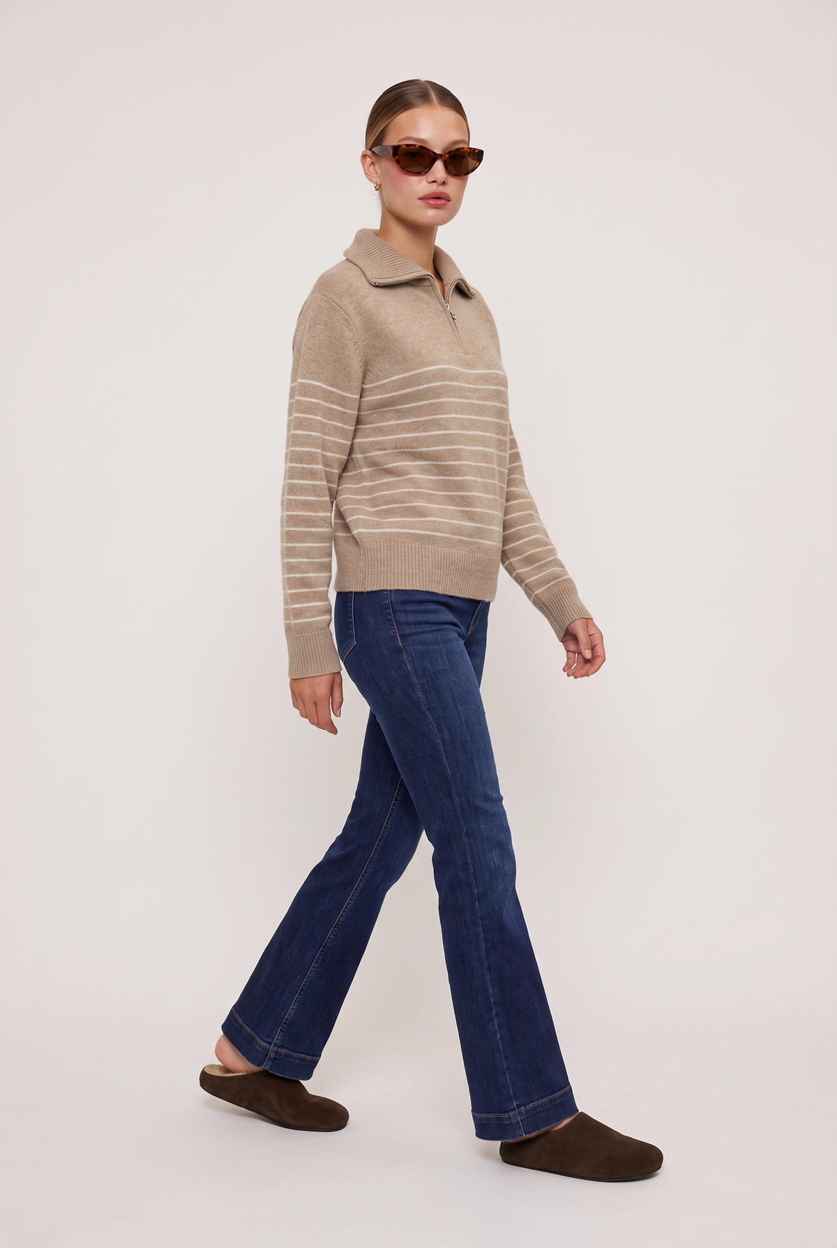 [MOCHA] model wearing Line Up 1/4 Zip Sweater posing Front View