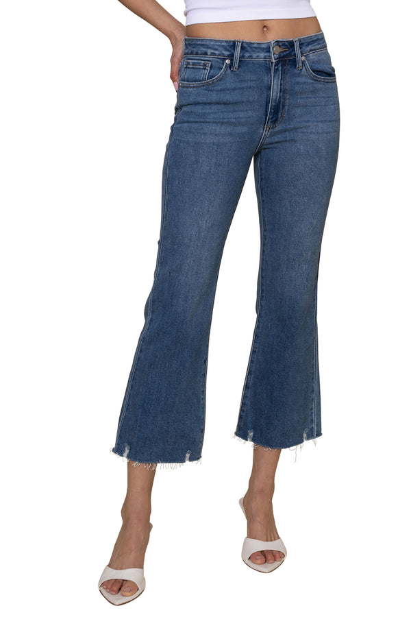 High Rise Crop Flare With Distressed Hem Jeans