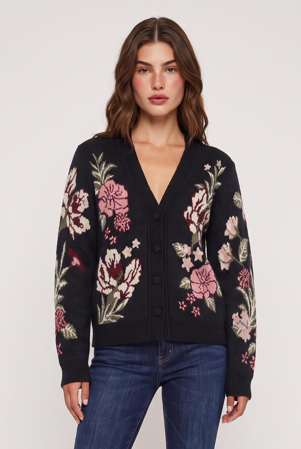[BLACK] model wearing Sherina Zafra Floral Cardigan posing Front View