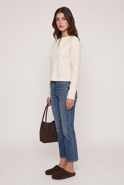 
model wearing Boxy Cropped Bttn Henely posing Front View