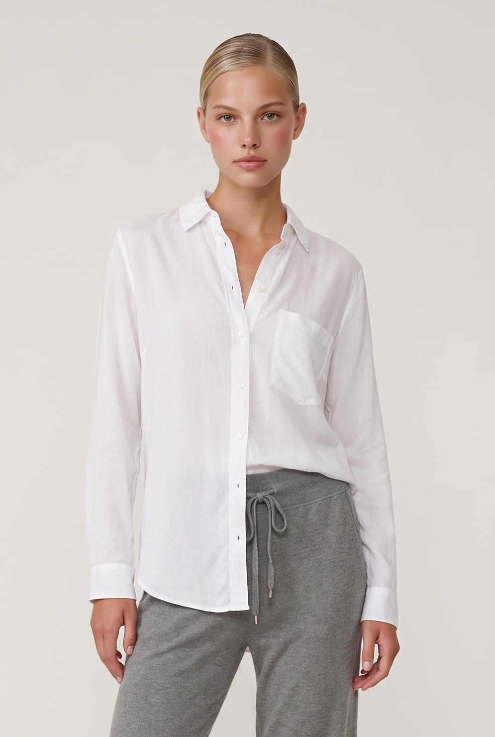 [WHITE] model wearing Classic Button Front posing Front View