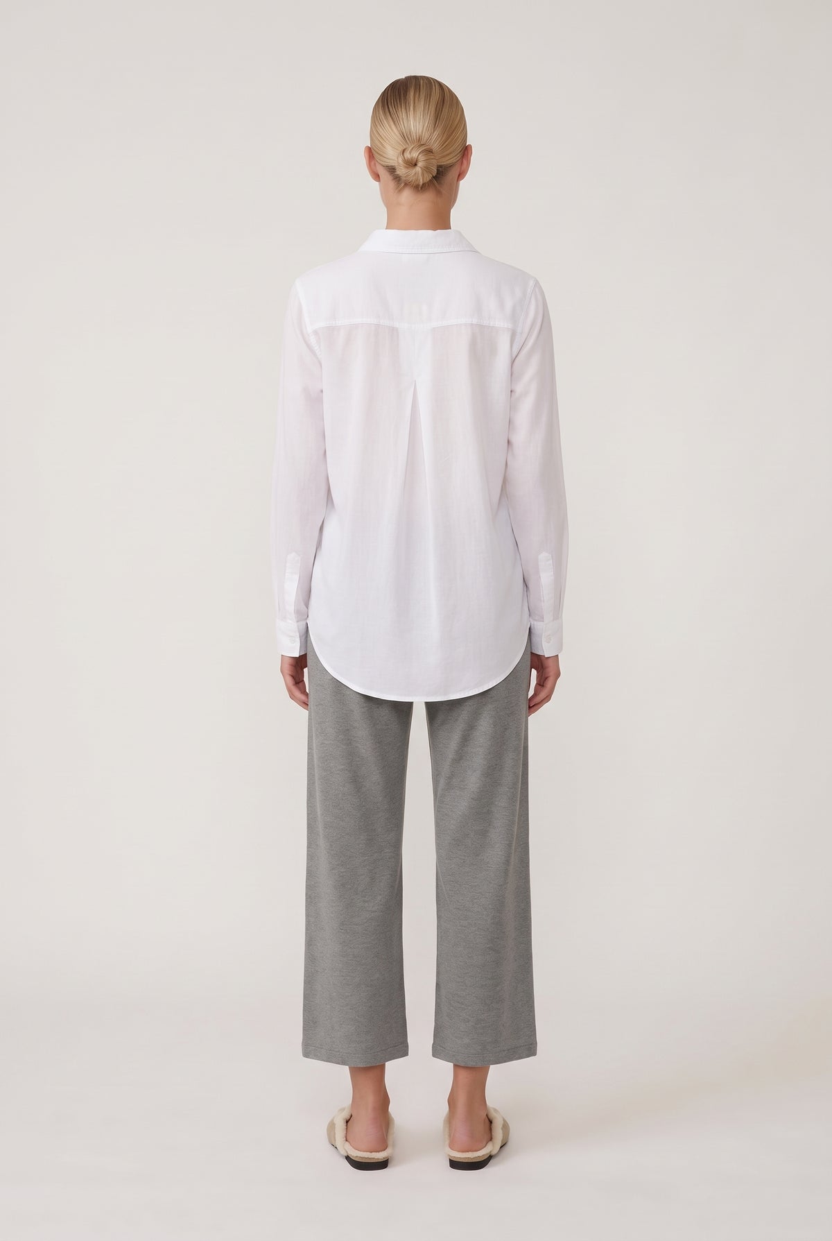 
model wearing Classic Button Front posing Back View