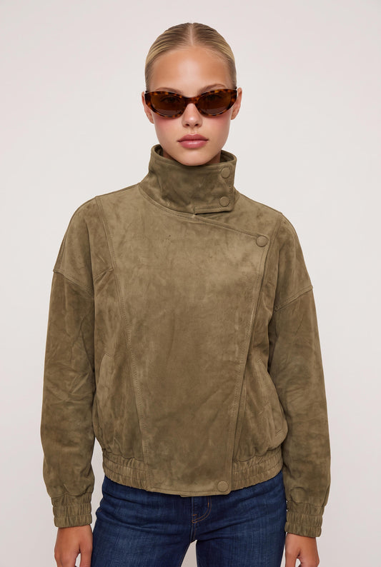 
model wearing Big Energy Faux Suede Jacket posing Front View