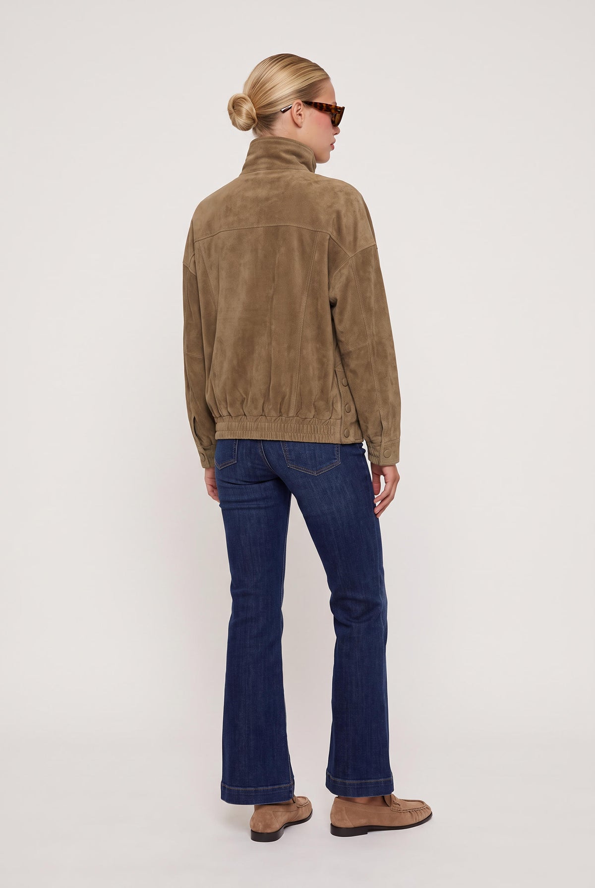 
model wearing Big Energy Faux Suede Jacket posing Front View
