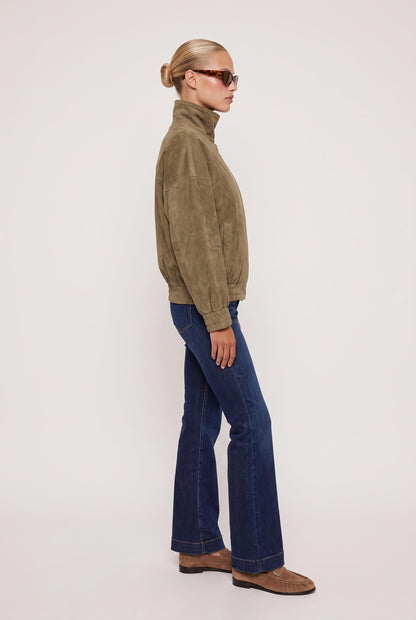 
model wearing Big Energy Faux Suede Jacket posing Front View