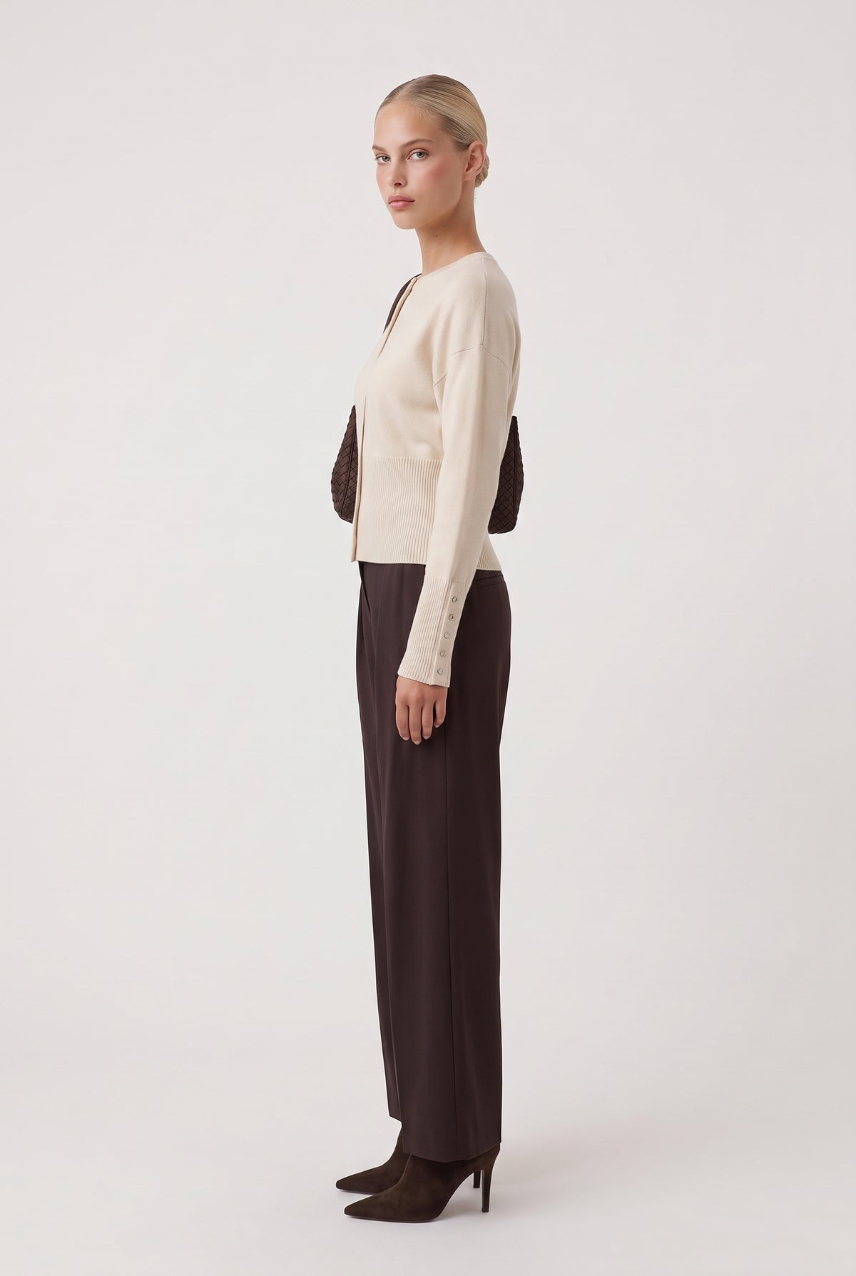 [CREAM] model wearing Monday Ribbed Cardigan posing Side View