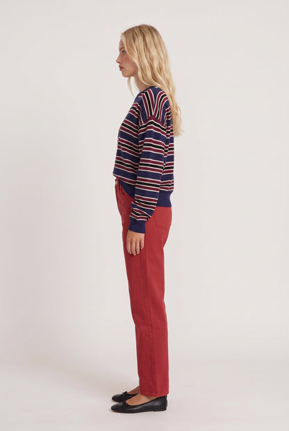 
model wearing Rebel Striped Sweater posing Side View