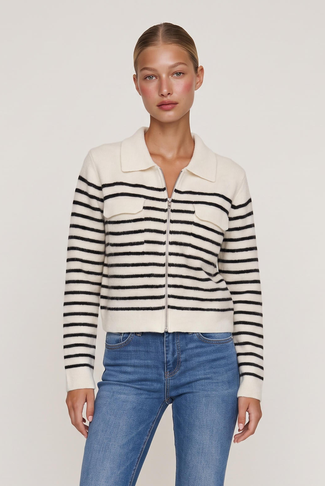 [IVORY] model wearing Roxi Striped Zip Sweater posing Front View