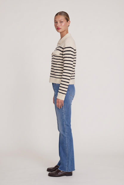
model wearing Roxi Striped Zip Sweater posing Side View