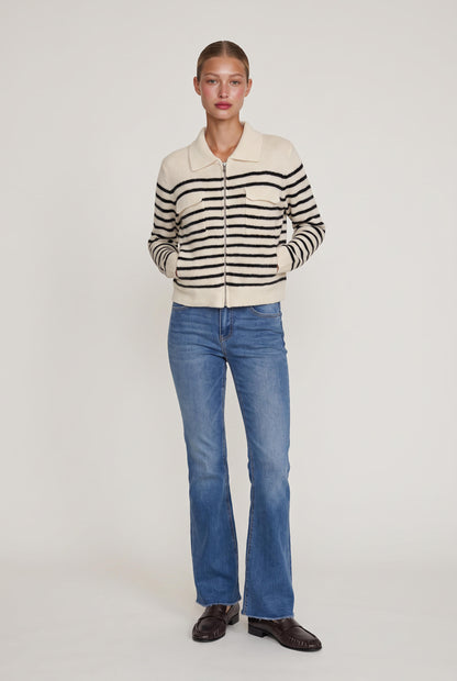 
model wearing Roxi Striped Zip Sweater posing Front View