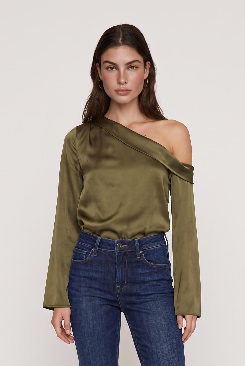 
model wearing Celeste Asymmetrical Top posing Front View