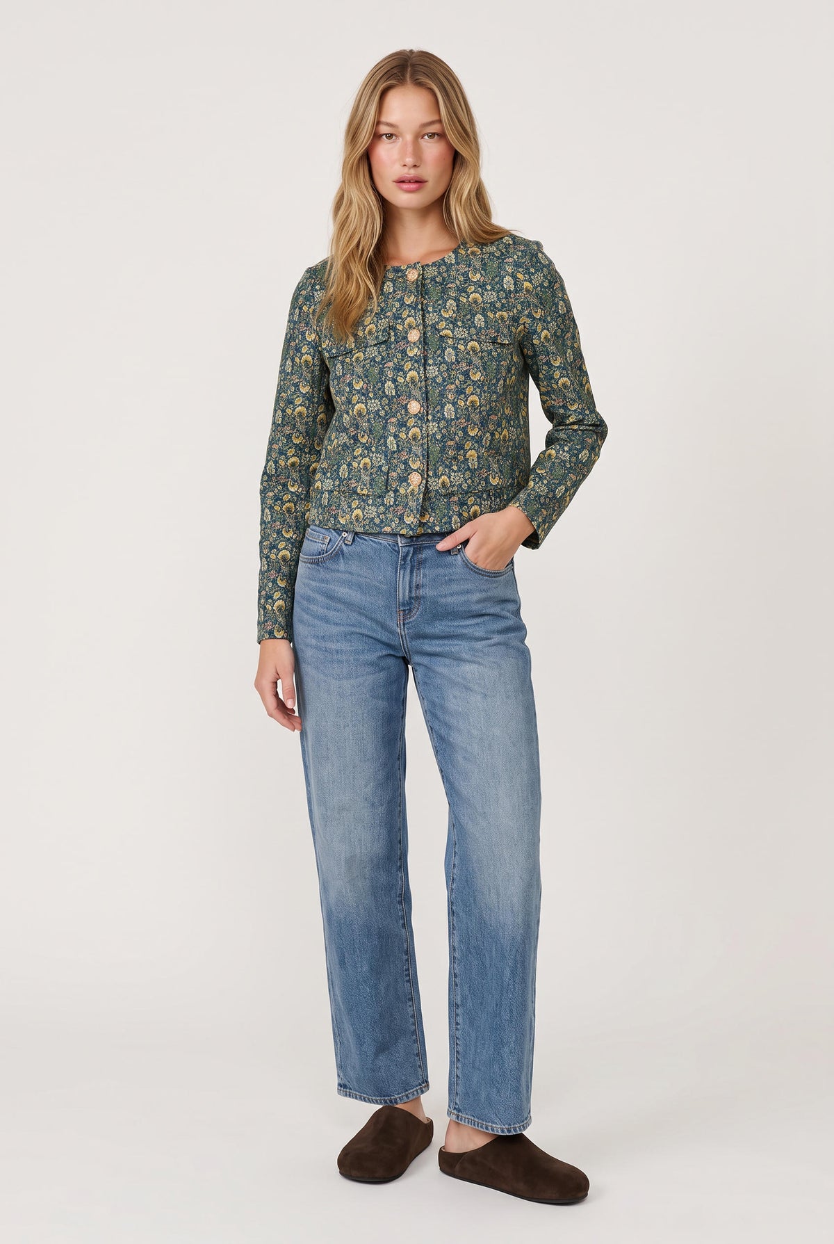 
model wearing Hans Floral Jacquard Jacket posing Front View