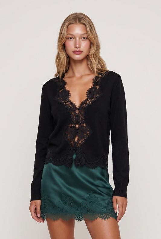 
model wearing Sanders Lace Cardigan posing Front View