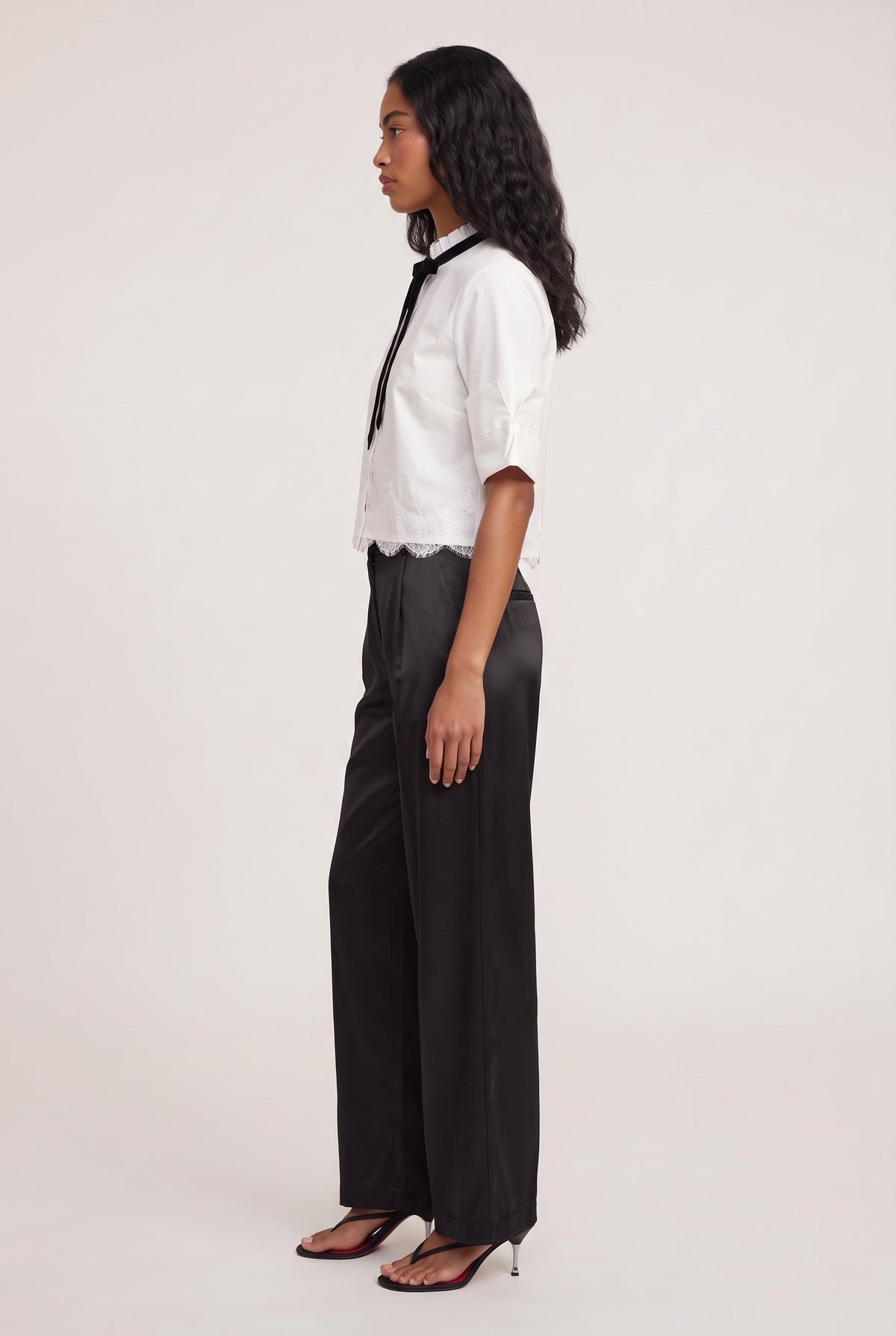 
model wearing Taylor Poplin Button Down Shir posing Side View