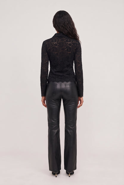 
model wearing Nina Lace Button Up Top posing Back View