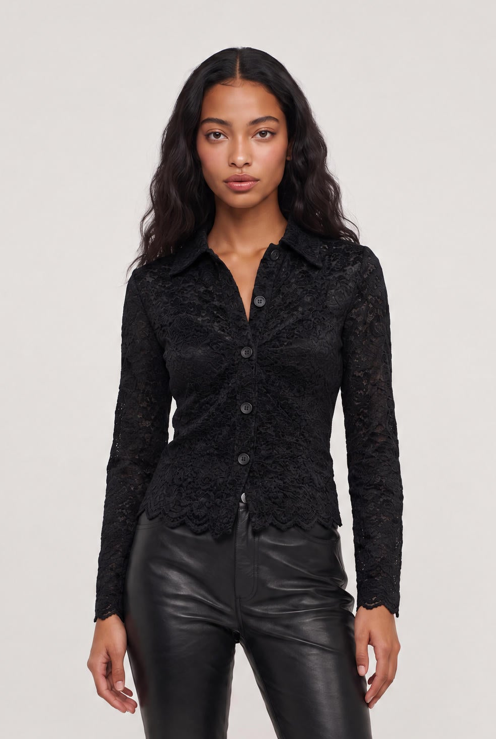 [BLACK] model wearing Nina Lace Button Up Top posing Front View