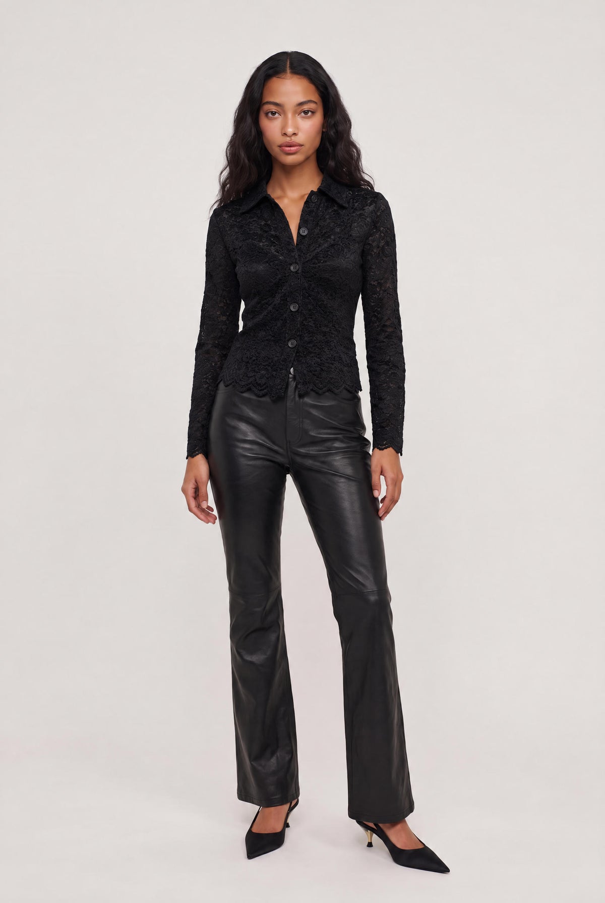 [BLACK] model wearing Nina Lace Button Up Top posing Front View