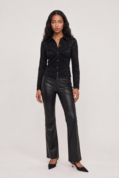 
model wearing Nina Lace Button Up Top posing Front View