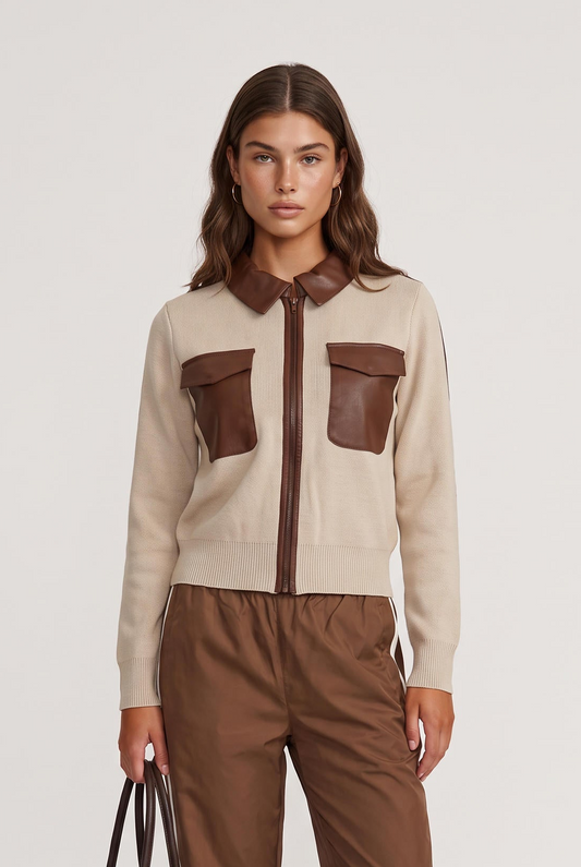 
model wearing Noa Zip Up Faux Leather Sweate posing Front View