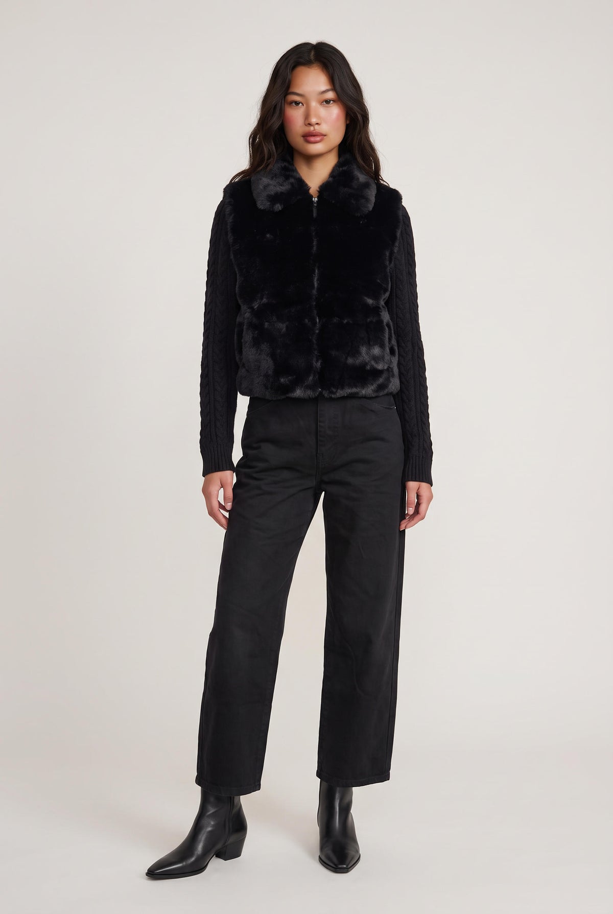 [Black] model wearing Nova Faux Fur Jacket posing Front View