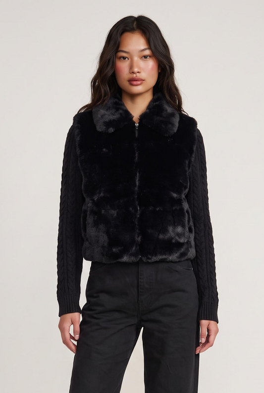 
model wearing Nova Faux Fur Jacket posing Front View