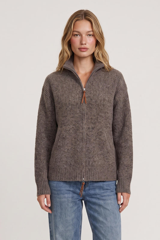 
model wearing Thea Zip Up Cardigan posing Front View