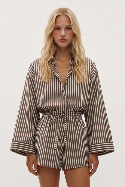 
model wearing Belas Port Stripe Playsuit posing Front View