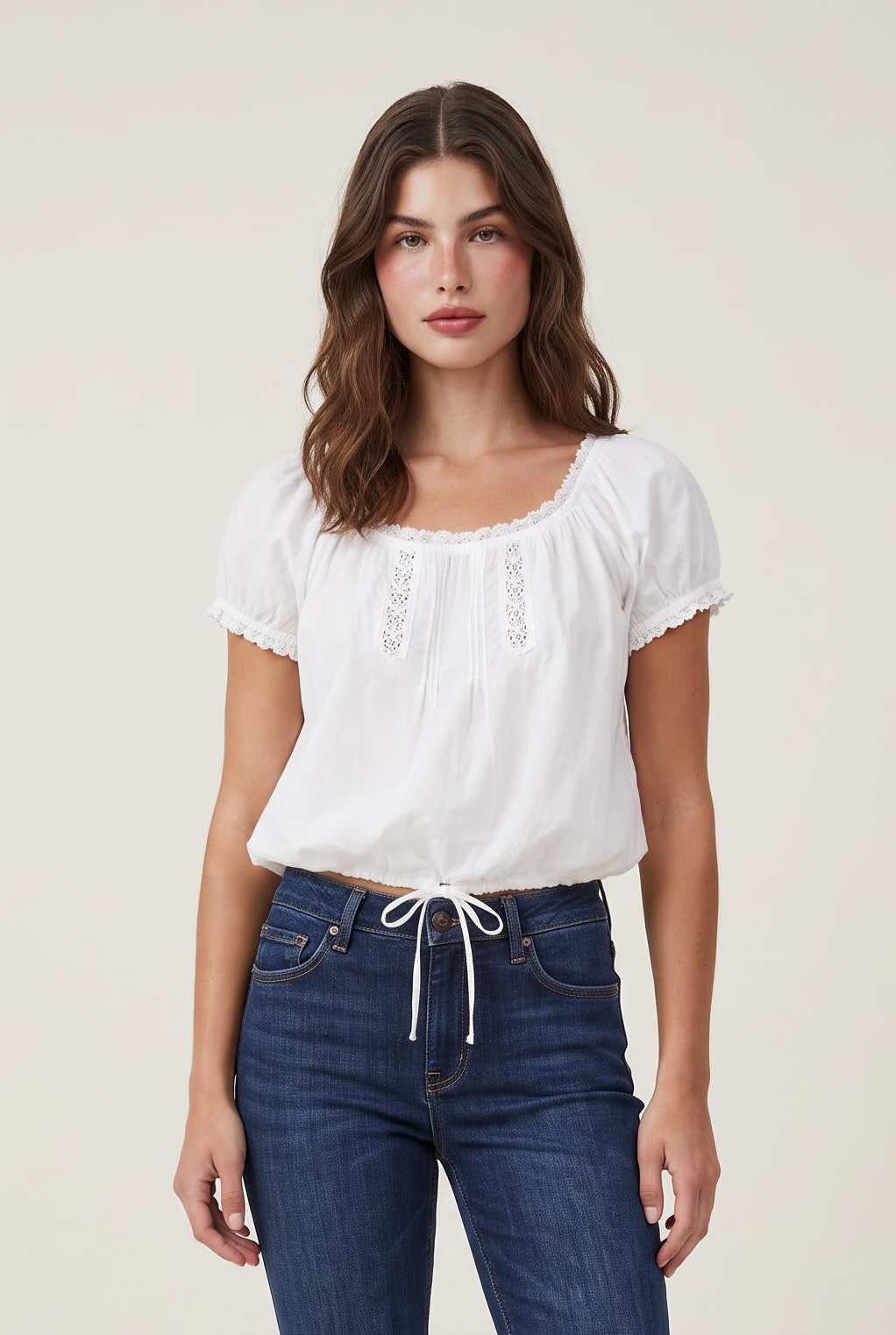 
model wearing Gabi Lace Short Sleeve Top posing Front View