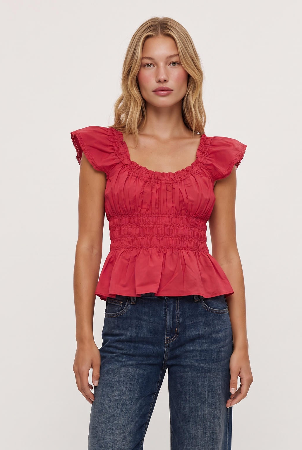 
model wearing Janaina Ruched Top posing Front View
